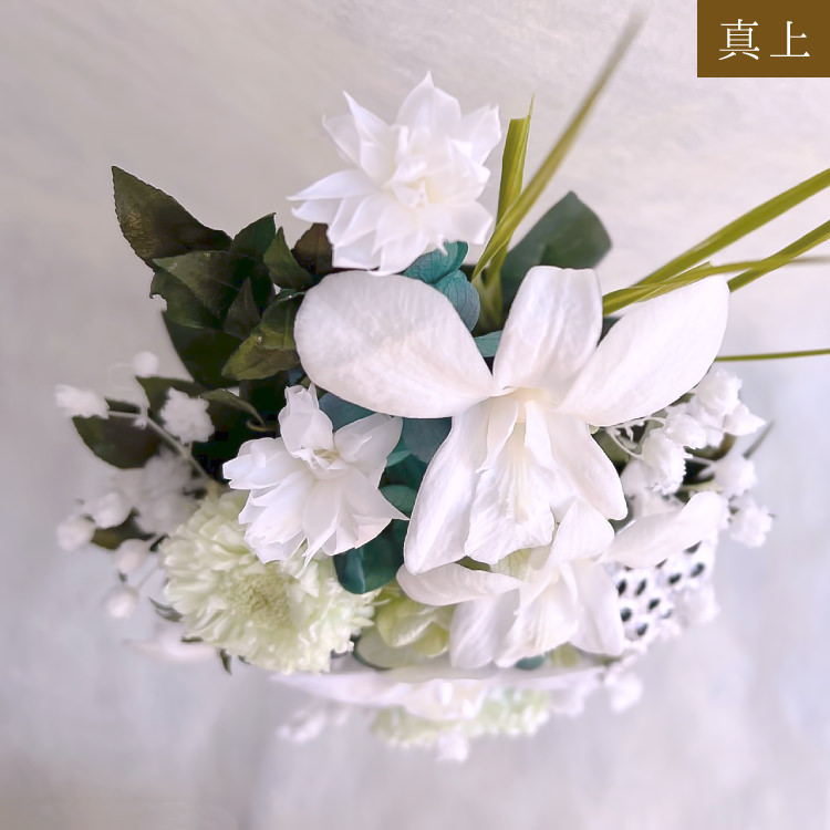 【お仏壇用の枯れない仏花】見事な胡蝶蘭とデンファレ、アジサイのプリザーブドフラワー(花器付き) - 画像 (16)