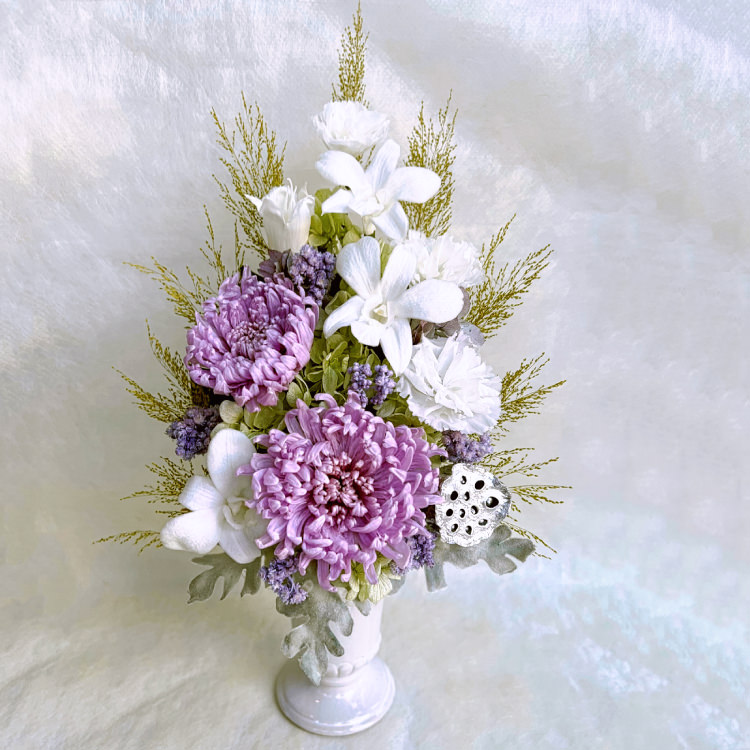 仏花 プリザーブドフラワー 送料無料 枯れない花 お仏壇 お供え花 お彼岸 仏壇飾り 輪菊 デンファレ 花瓶付 お悔やみ プレゼント インテリア 造花 ギフト - 画像 (14)