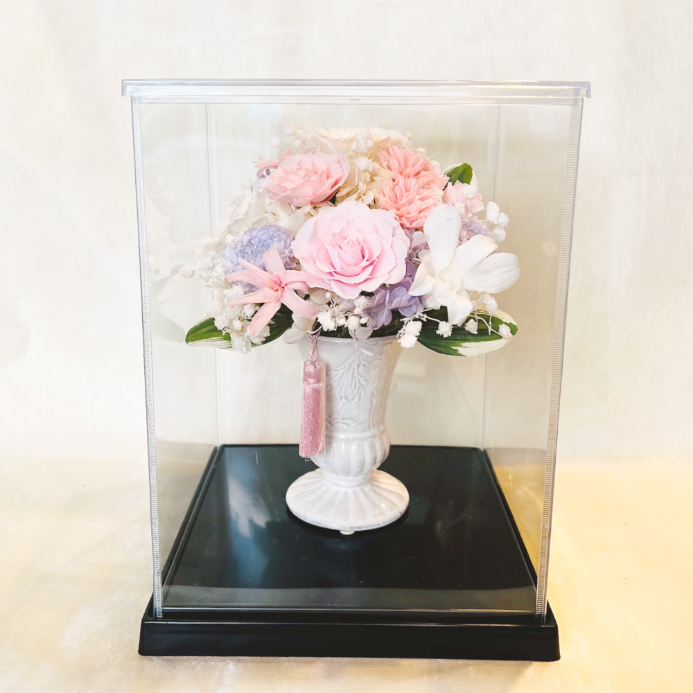 仏花 お祝い プリザーブドフラワー 送料無料 枯れない花 お仏壇 お供え花 お彼岸 薔薇 カーネーション あじさい 保護ケース プレゼント インテリア 造花 ギフト - 画像 (12)