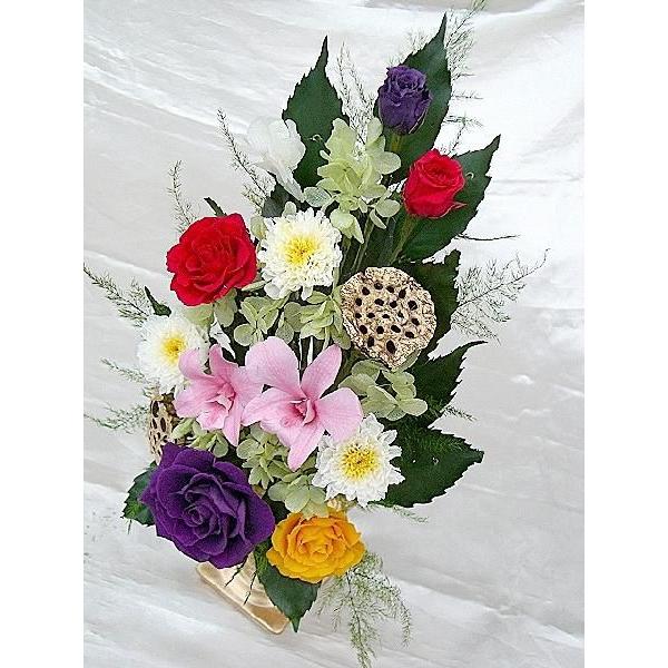 仏花 プリザーブドフラワー 送料無料 枯れない花 お仏壇 お供え花 お彼岸 仏壇飾り 花器付き デンファレ バラ プレゼント インテリア 造花 ギフト - 画像 (2)