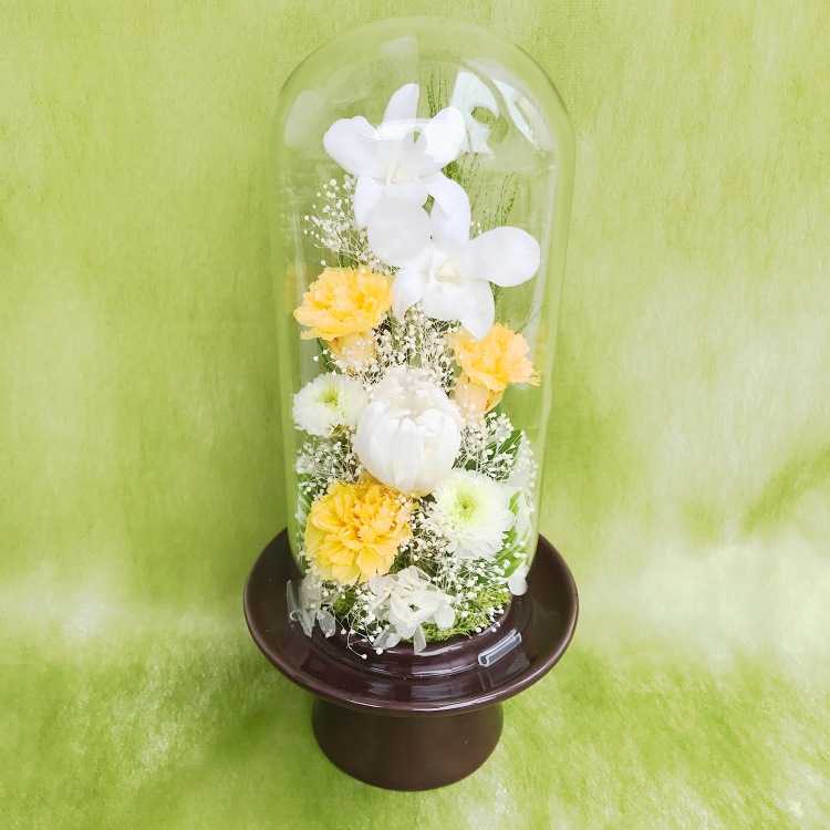仏花 プリザーブドフラワー 送料無料 枯れない花 お仏壇 お供え花 お彼岸 仏壇飾り ガラスドーム デンファレ 白菊 プレゼント インテリア 造花 ギフト