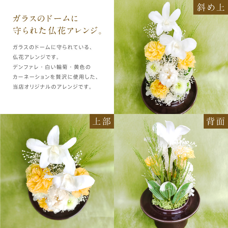 仏花 プリザーブドフラワー 送料無料 枯れない花 お仏壇 お供え花 お彼岸 仏壇飾り ガラスドーム デンファレ 白菊 プレゼント インテリア 造花 ギフト - 画像 (5)