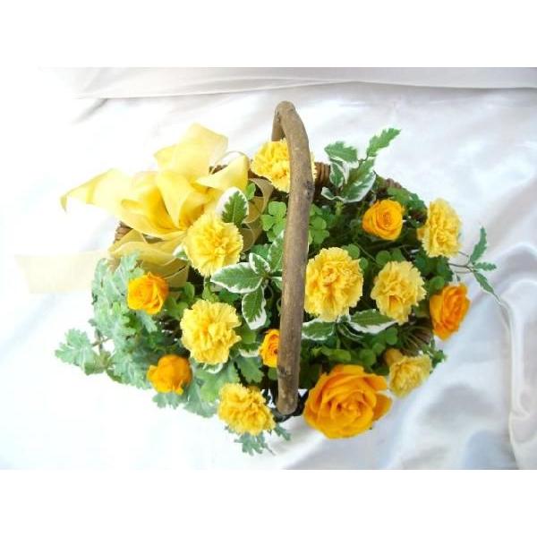 【お祝い用に枯れない花飾り】バラとカーネーション、カスミ草のプリザーブドフラワーが詰まったフラワーバスケット(花かご)入の造花インテリア(全3色) - 画像 (11)