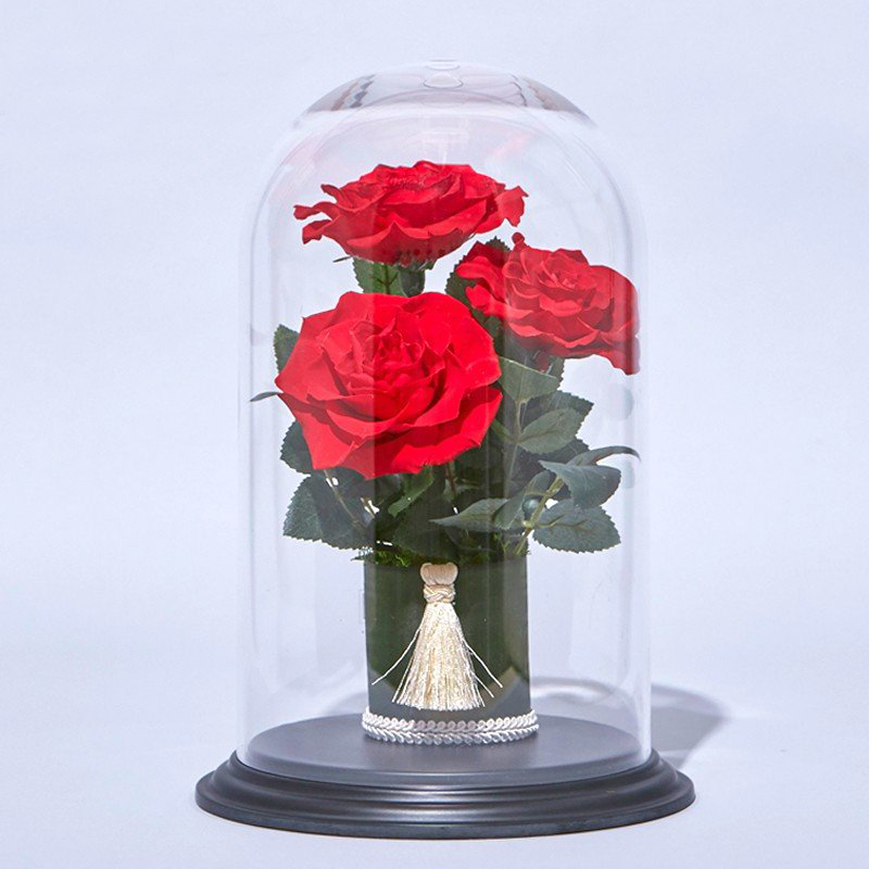 【お祝い用・枯れない花ギフト】真紅のバラ3輪のプリザーブドフラワー(ドーム入り)造花インテリア花ギフト - 画像 (2)