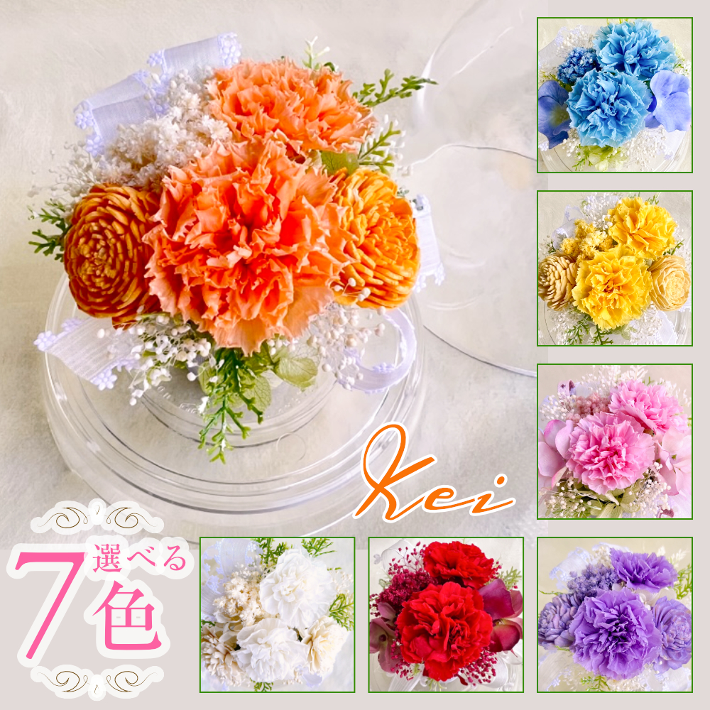 【お祝いに枯れない花飾り】カーネーションと小花のプリザーブドフラワー「ケイ」(小さめのフラワードーム入)水交換不要のインテリア