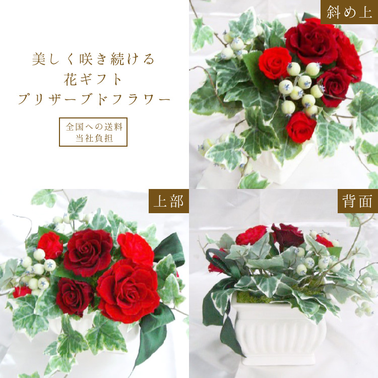 【お祝い用・枯れない花ギフト】寄せ植え風のバラのプリザーブドフラワー(花器付き)水交換不要のインテリアギフト - 画像 (2)