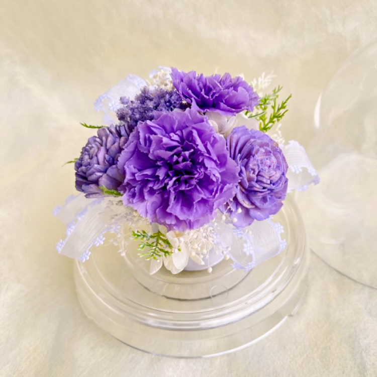 【お祝いに枯れない花飾り】カーネーションと小花のプリザーブドフラワー「ケイ」(小さめのフラワードーム入)水交換不要のインテリア - 画像 (39)