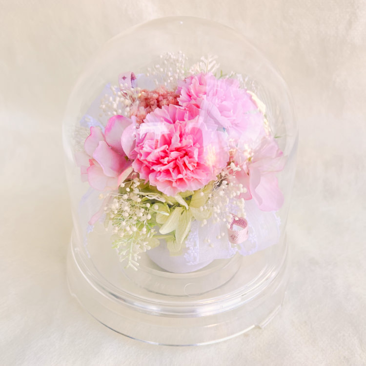 【お祝いに枯れない花飾り】カーネーションと小花のプリザーブドフラワー「ケイ」(小さめのフラワードーム入)水交換不要のインテリア - 画像 (48)