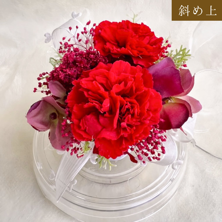 【お祝いに枯れない花飾り】カーネーションと小花のプリザーブドフラワー「ケイ」(小さめのフラワードーム入)水交換不要のインテリア - 画像 (65)