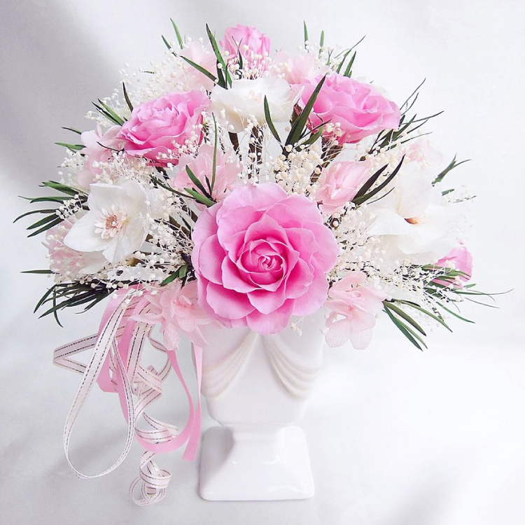 【お祝い用・枯れない花ギフト】バラと小花の豪華プリザーブドフラワー「ブーケ」(花器付き)水交換不要のインテリア ギフト - 画像 (26)