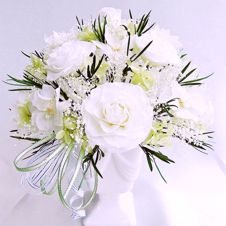 【お祝い用・枯れない花ギフト】バラと小花の豪華プリザーブドフラワー「ブーケ」(花器付き)水交換不要のインテリア ギフト - 画像 (9)