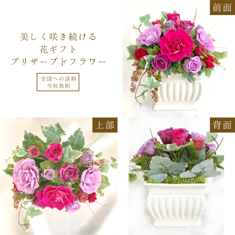 【お祝い用・枯れない花ギフト】モーヴ色のバラのプリザーブドフラワー「サンク」(花器付き・ケース有/無選べます)水交換不要のインテリアギフト - 画像 (4)
