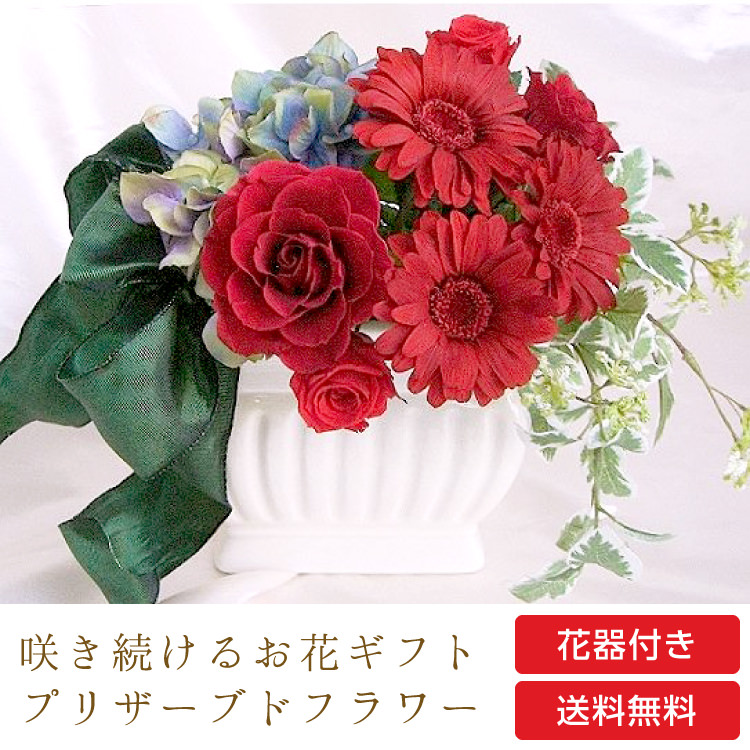【お祝いに枯れない花ギフト】ガーベラとバラのプリザーブドフラワー「Scarlet」水交換不要のインテリア